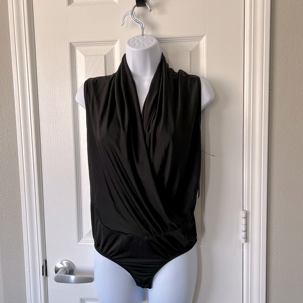 Akira bodysuit with draping v neck faux wrap front medium